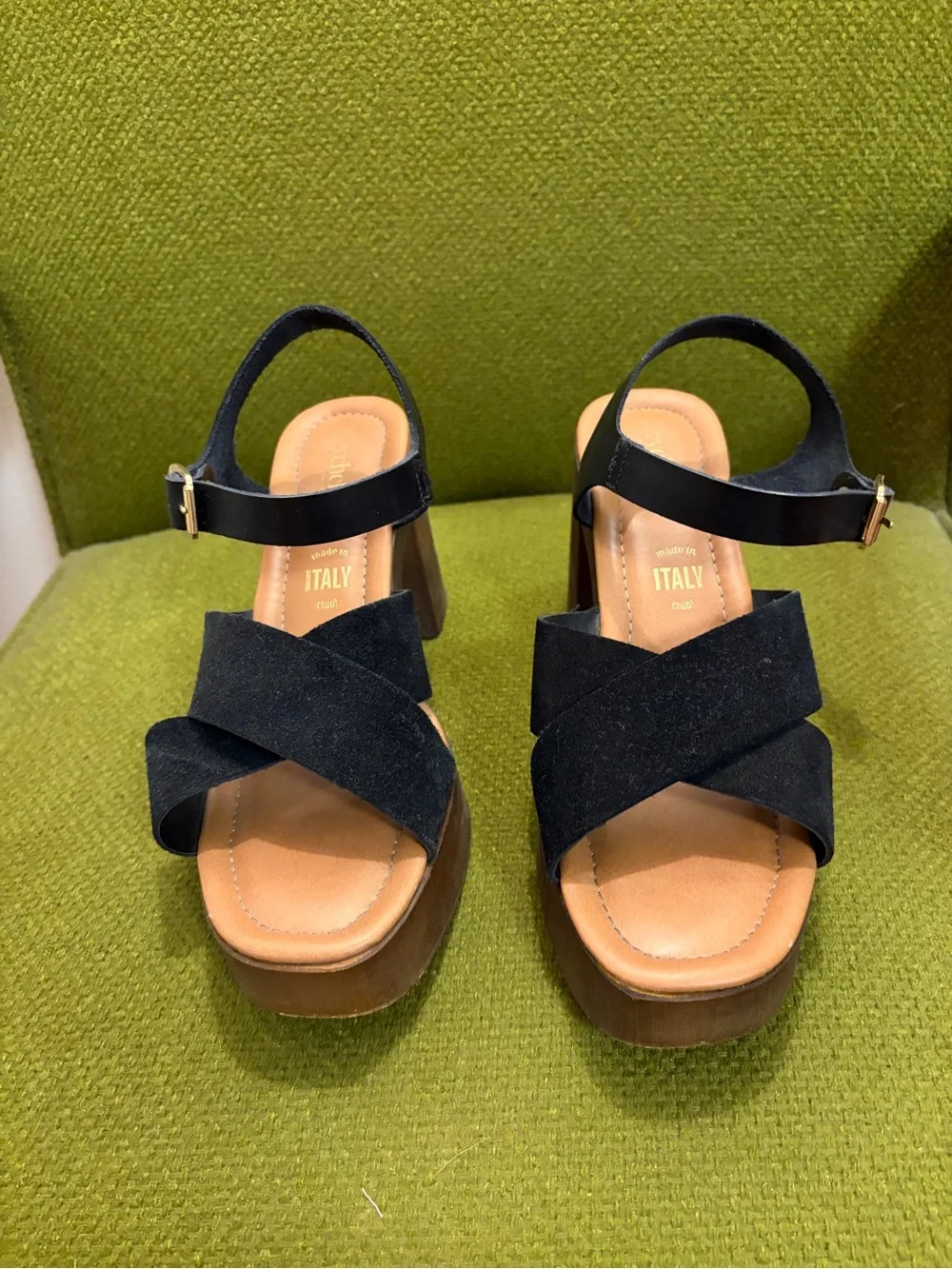 Seychelles Black Suede Platform Sandals with Brown Block Heel